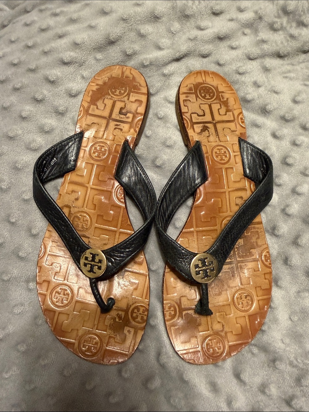 Tory Burch Black Leather Logo Thong Sandals with Tan Footbed